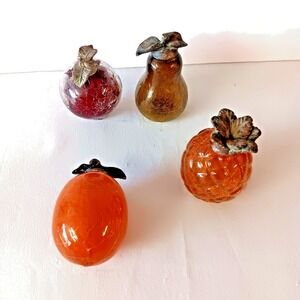 Vintage Art Glass Fruit Lot Set of 4 Crackle Glass MCM Metal Stems Retro Decor